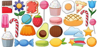 Beyaz arkaplan illüstrasyonunda klasik tarz çizgi film seti