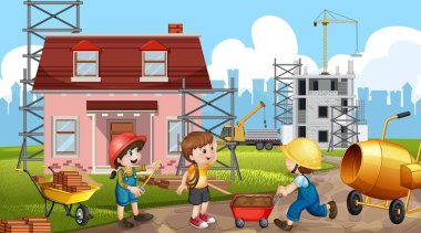 İnşaat alanı illüstrasyonunun karikatür sahnesi