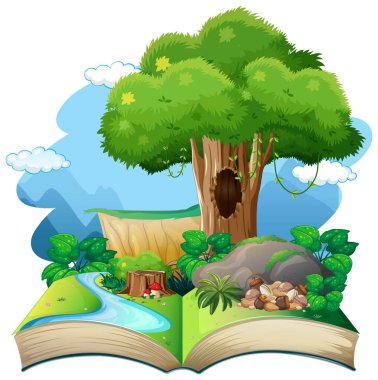 Doğa manzara çizim ile açık kitap