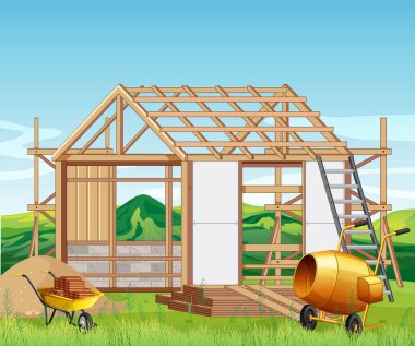 İnşaat alanı illüstrasyonunun karikatür sahnesi