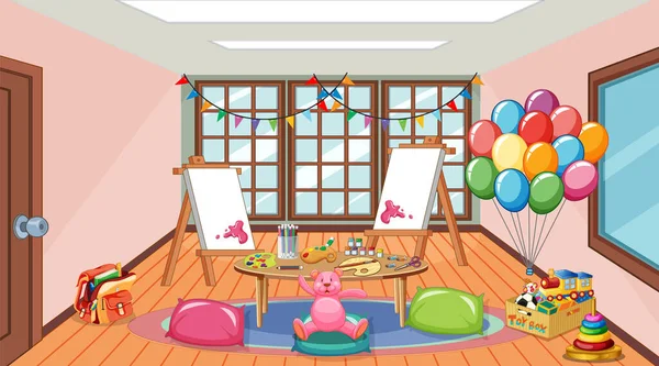 Jardim Infância Vazio Sala Aula Interior Com Muitos Brinquedos Ilustração —  Vetores de Stock