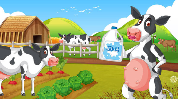 Outdoor cow farm scene with happy animals cartoon illustration