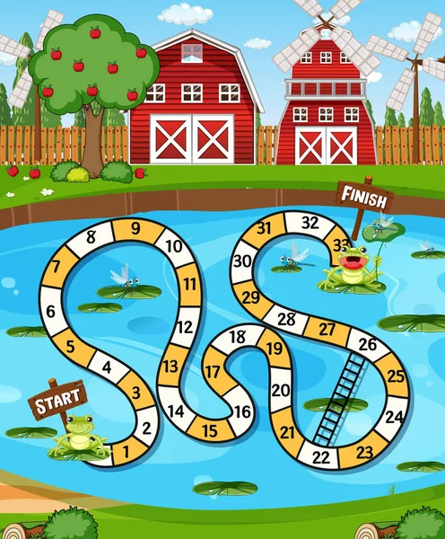 カエル池の図とボードゲーム テンプレート — ストックベクタ