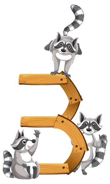 Three Raccoons Attached Number Three Illustration — Stock Vector