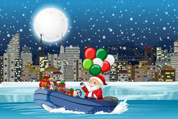 Snowy Night Cute Elf Delivering Gifts Speedboat Illustration — Stock Vector