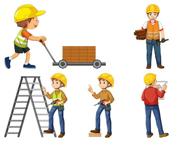 Conjunto Trabajadores Construcción Con Ilustración Hombre Herramientas — Vector de stock