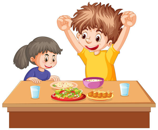 Happy kids eating on the table illustration