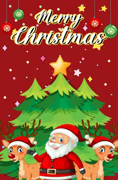 Merry Christmas Poster Design Santa Claus Reindeers Illustration — Stock Vector