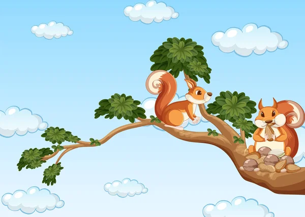 Zwei Eichhörnchen Ast Illustration — Stockvektor