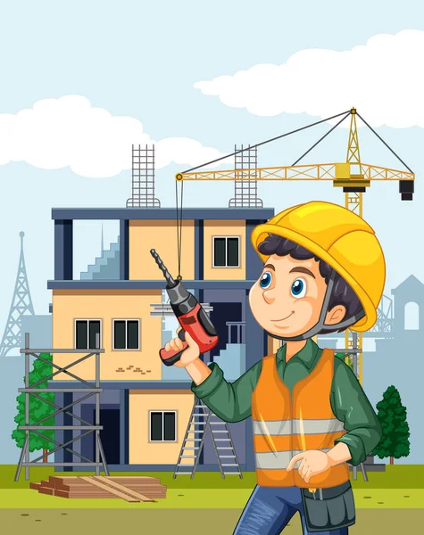 Cartoon Scene Building House Construction Site Illustration — Stock Vector