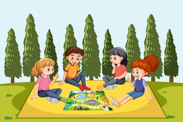 Paesaggio Scena Naturale Con Bambini Che Giocano Boardgame Illustrazione — Vettoriale Stock