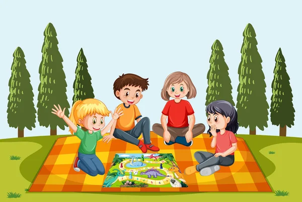 Paesaggio Scena Naturale Con Bambini Che Giocano Boardgame Illustrazione — Vettoriale Stock