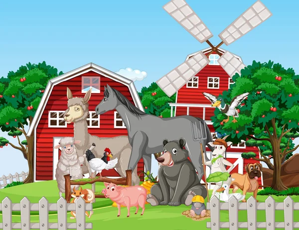 Scena Farma Wielu Zwierząt Ilustracji — Wektor stockowy