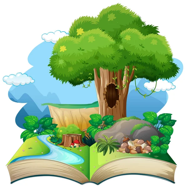 Open Book Nature Landscape Illustration — Stock Vector
