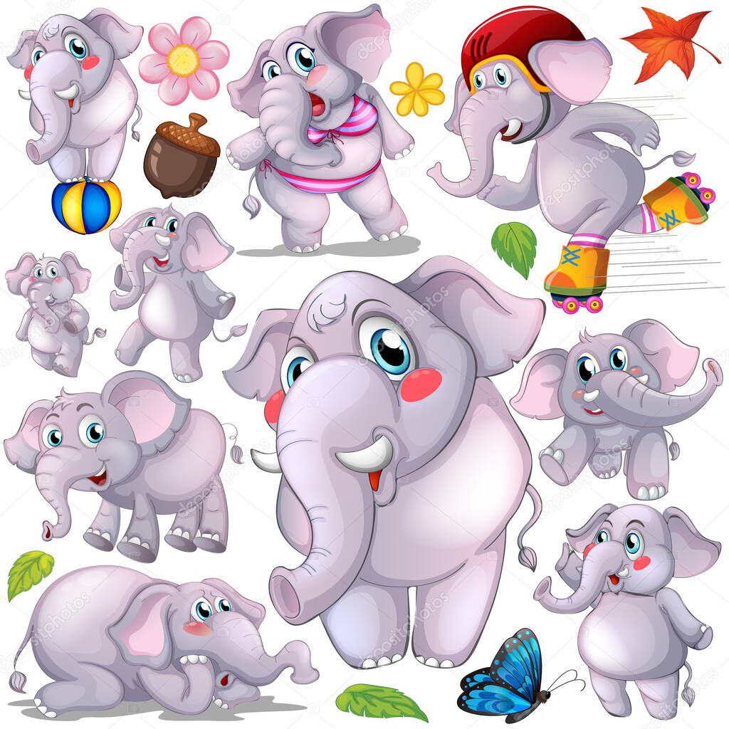 Gray elephant doing different actions illustration