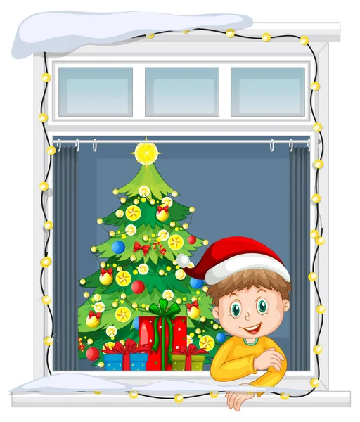 Pohled Oknem Kresleného Postavičky Vánoční Téma Ilustrace — Stockový vektor