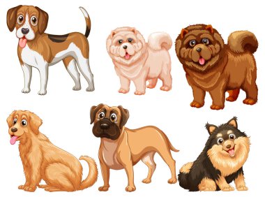 Çizgi film stili resimlerde farklı şirin köpekler.