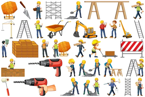 Zestaw Robotników Budowlanych Ludźmi Narzędziami Ilustracja — Wektor stockowy