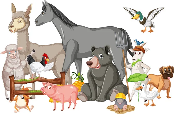 Nombreux Animaux Ferme Par Clôture Illustration — Image vectorielle