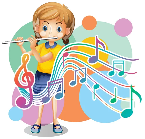 Little Girl Blowing Flute Music Notes White Background Illustration — Stock Vector