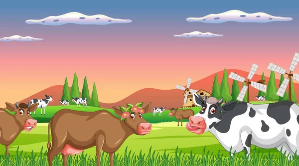 Outdoor Koe Boerderij Scène Met Gelukkige Dieren Cartoon Illustratie — Stockvector