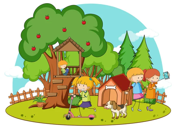 Una Casa Árbol Simple Perrera Con Niños Naturaleza Ilustración Fondo — Archivo Imágenes Vectoriales