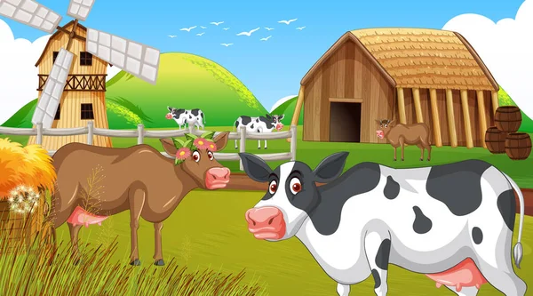 Outdoor Kuhfarm Szene Mit Glücklichen Tieren Cartoon Illustration — Stockvektor