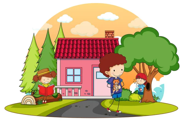 Una Casa Semplice Con Bambini Nella Natura Sfondo Illustrazione — Vettoriale Stock