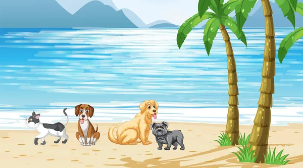 Set Diversi Animali Domestici Sulla Scena Della Spiaggia Illustrazione — Vettoriale Stock