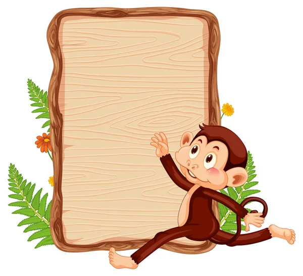 Blank Wooden Signboard Cute Monkey Illustration — Stock Vector