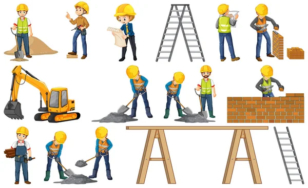 Obrero Construcción Con Hombre Haciendo Diferentes Trabajos Ilustración — Vector de stock