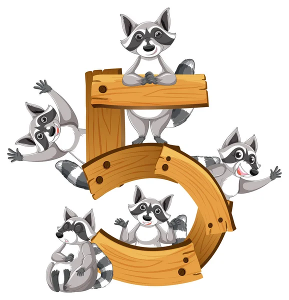 Five Raccoons Attached Number Five Illustration — Stock Vector