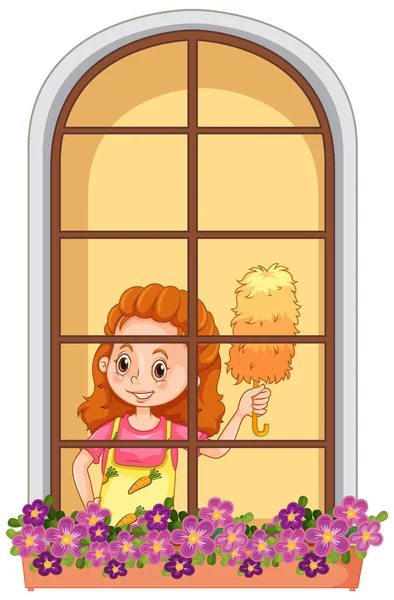透过妇女清洁房屋图解的窗户看 — 图库矢量图片