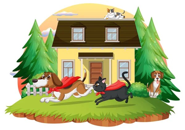 Outdoor House Scena Zwierząt Domowych Ilustracja Kreskówki — Wektor stockowy