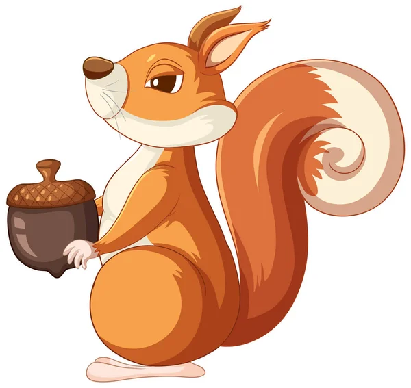 Niedliche Cartoon Eichhörnchen Hält Eichel Auf Weißem Hintergrund Illustration — Stockvektor