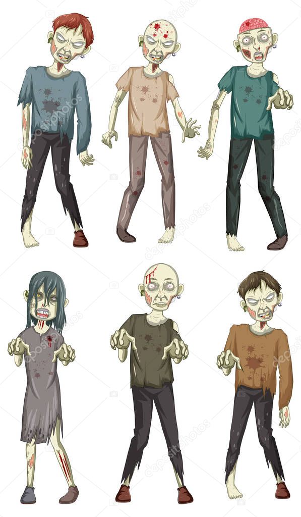 Set of halloween zombie cartoon characters illustration