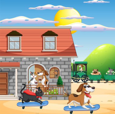 Evcil hayvanların çizgi film karakteri çizimi olduğu açık hava sahnesi