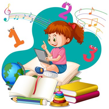 Bir yığın kitap illüstrasyonunda kitap okuyan bir kız.