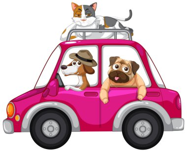 Köpekler ve kediler beyaz arkaplanda bir arabaya biniyorlar.