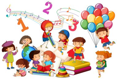 Bir çocuk bir yığın kitap illüstrasyonunda kitap okuyor.