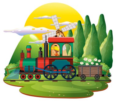 Doğal sahne illüstrasyonlu tren