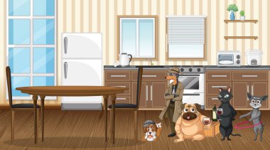 Mutfak resimlerinde farklı evcil hayvanlar var.