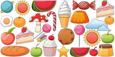 Beyaz arkaplan illüstrasyonunda klasik tarz çizgi film seti