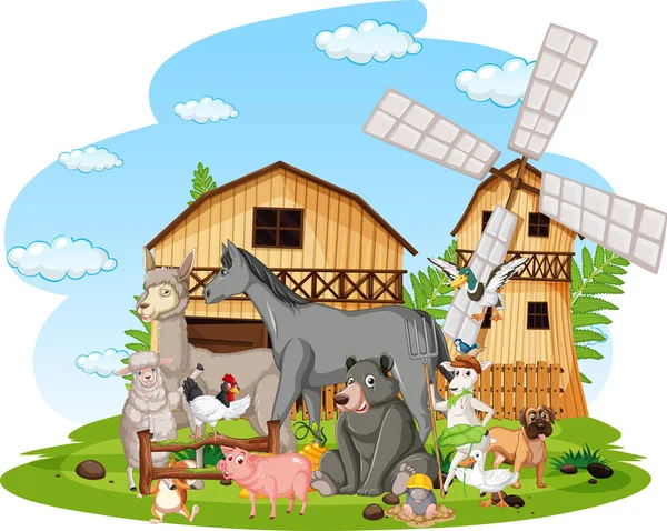 Escena Con Animales Granja Por Granero Ilustración — Vector de stock