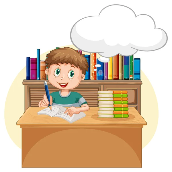 Niño Haciendo Deberes Con Burbuja Del Habla Ilustración Biblioteca — Vector de stock