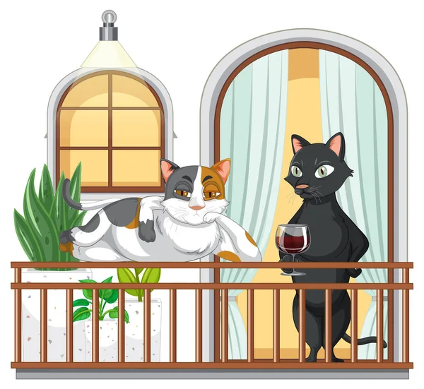 Cartoon Cats Standing Balcony Illustration — Stock Vector