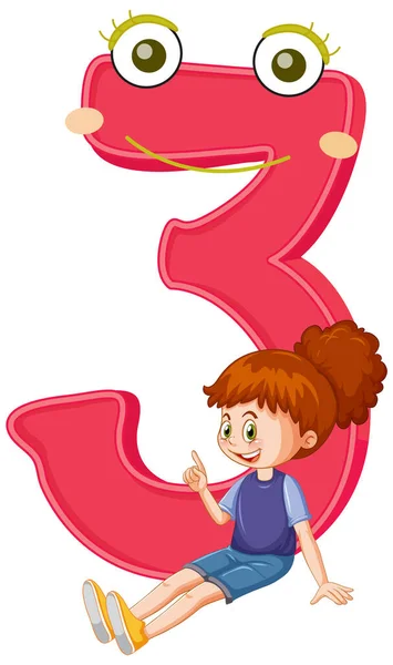 Number Three Girl Cartoon Character Illustration — Stock Vector