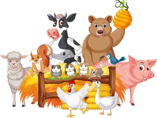 Farm Animals Standing Fence Illustration — Stock Vector