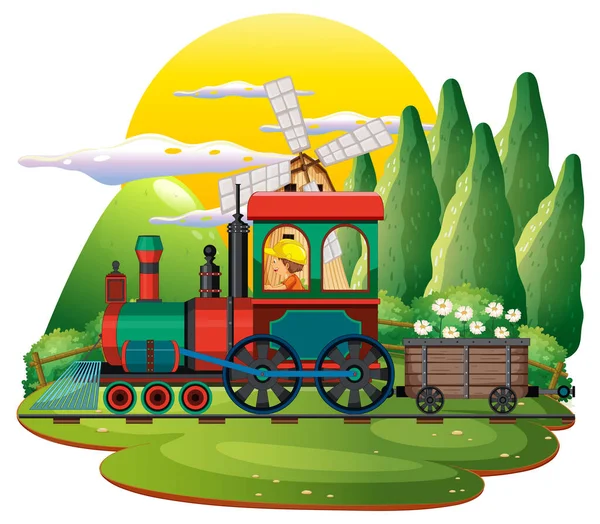 Tren Con Ilustración Escena Natural — Vector de stock