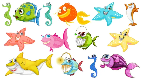 Sea Animals Cartoon Collection Illustration — Stock Vector